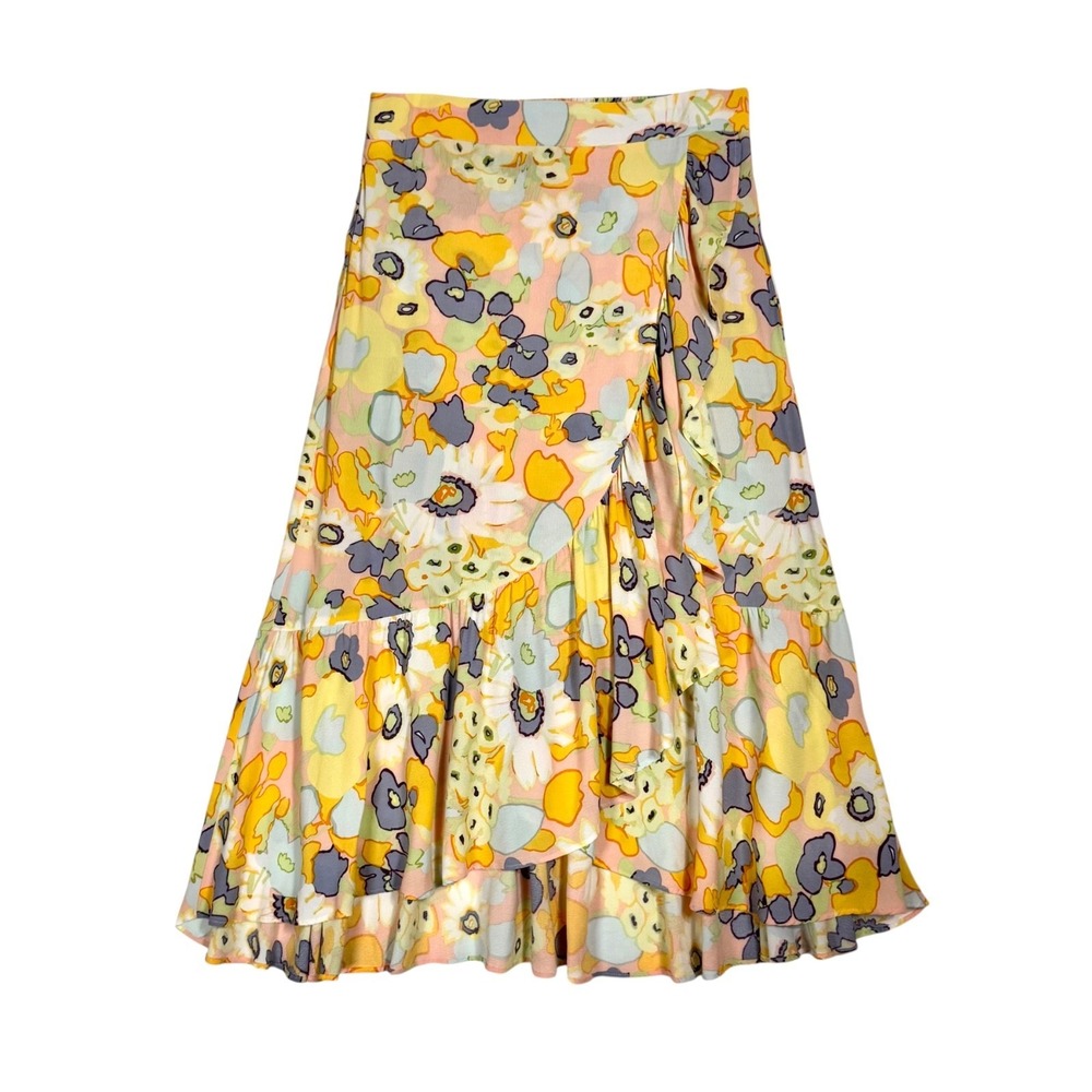 LOFT Boho Asymmetrical Floral Midi Skirt Size S Ruffle Hem Cottagecore Fairy